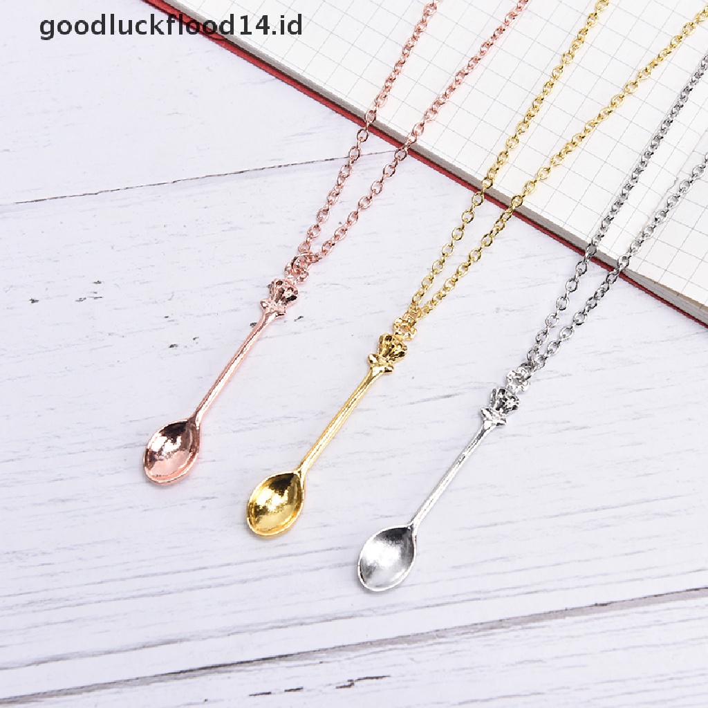 [OOID] Fashion Women Tiny Tea Spoon Crown Pendant Necklace Alloy Chain Charm Jewelry ID