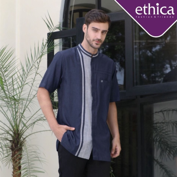 KOKO KEMEJA ATASAN PRIA LENGAN PENDEK KAHFI 227 NAVY ORIGINAL ETHICA ELFA BAJU BUSANA MUSLIM AYAH CO