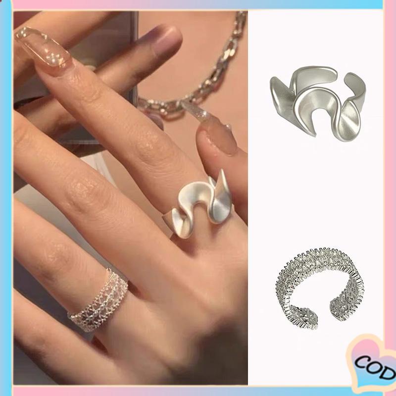 COD❤️ Cincin Renda Zirkon Gelombang Matte Pembukaan Cincin Sederhana Wanita yang Dapat Disesuaikan-A.one