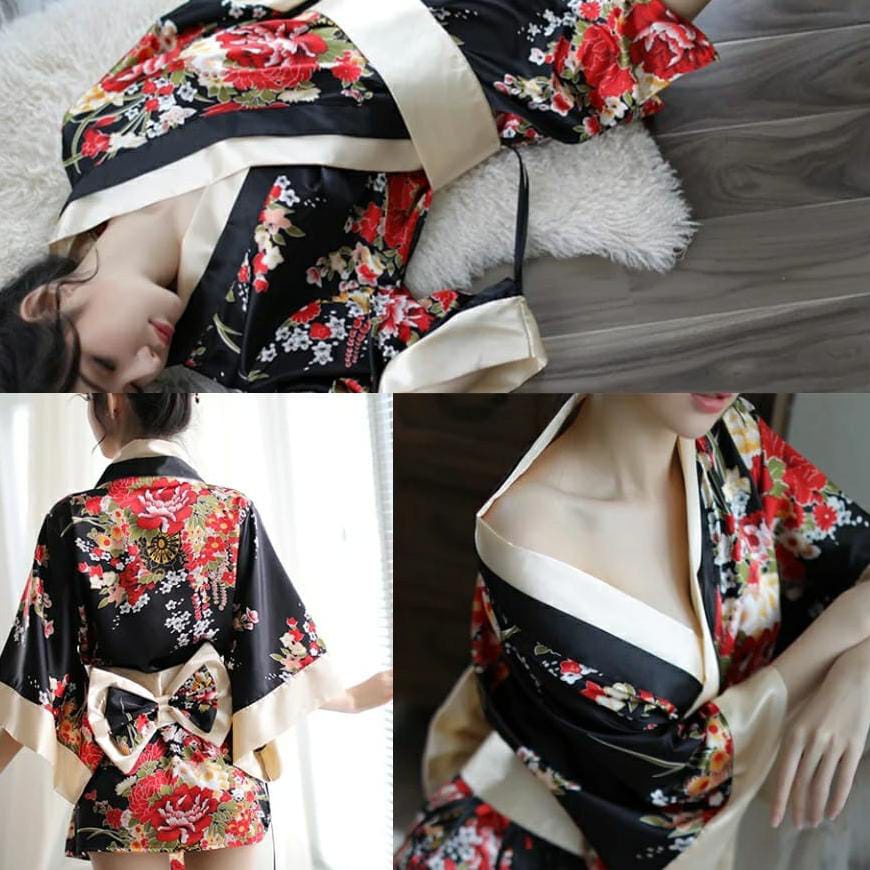 Victoria Kimono Jepang Cosplay Lingerie Bahan Satin Motif Bunga 3080