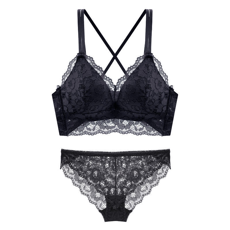 ANGELA PREMIUM JAPAN Bra BH Push Up Set Tanpa Kawat Celana Dalam Wanita Bikini Sport Beha Lingerie Korea Fashion Bralette Remaja Perempuan Sexy Pakaian Dalam COD Renang Motif Cewek Pita Bunga Murah Elora Jumbo-Hitam