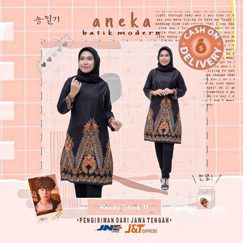 ATASAN BAJU BATIK WANITA LENGAN PANJANG WARNA HITAM ORANGE OREN COKLAT TUNIK KERJA KONDANGAN KANTOR