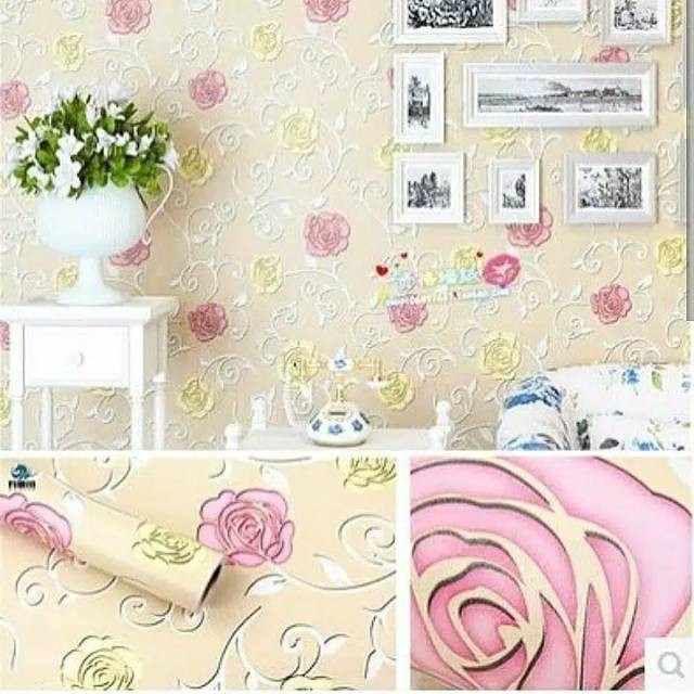 Wallpaper Wall Stiker Dinding Motif Bunga  Mawar Kuning Orange Dan Pink Ukuran 10m x 45cm GH116
