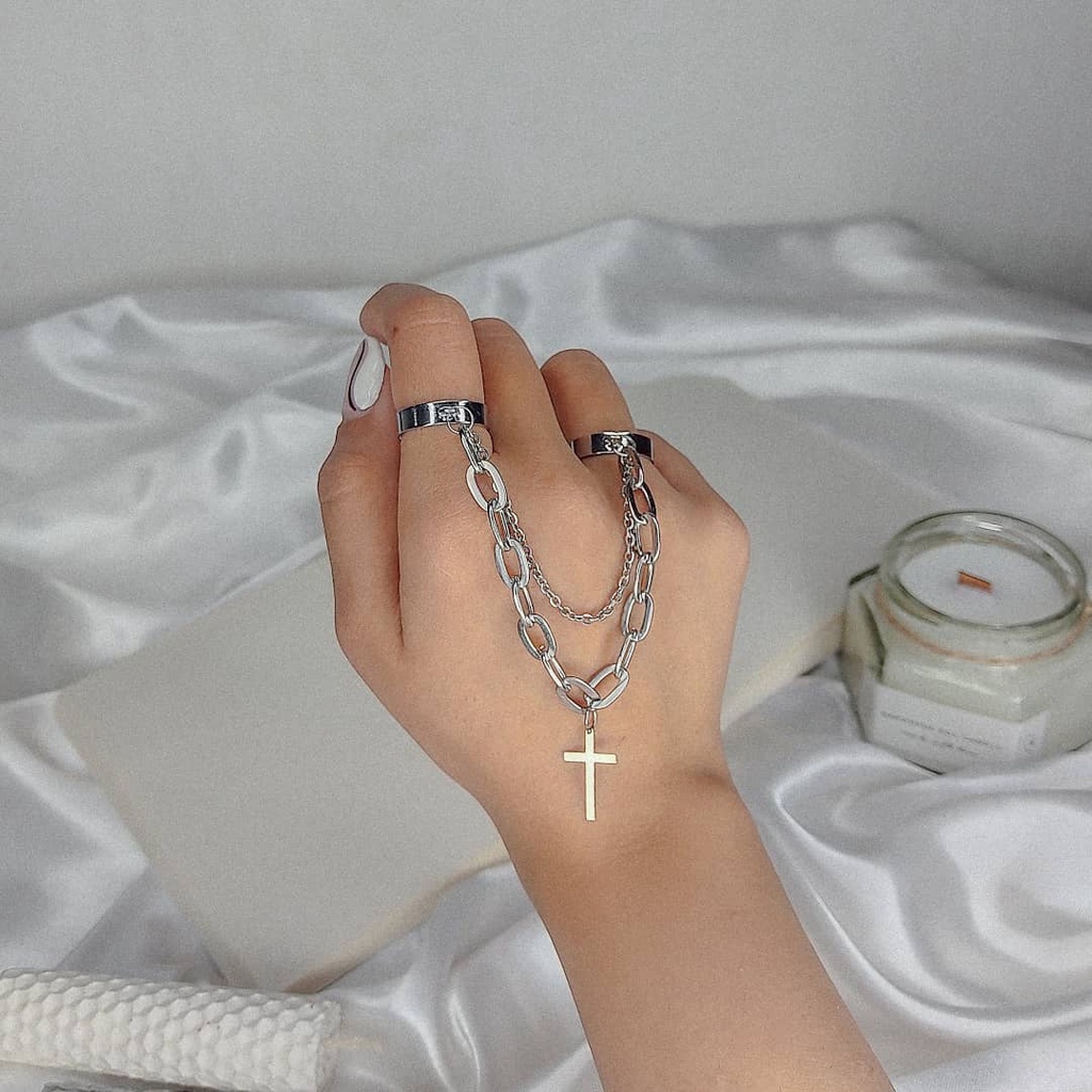 YEEZII Cincin Rantai Silang Model Terbuka Dapat Disesuaikan Warna Silver Untuk Wanita