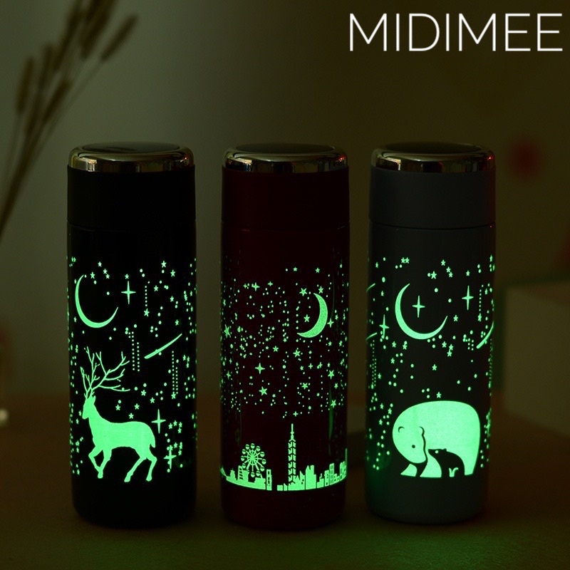 Termos Kopi/Air Minum Motif Glow in the Dark LED Stainless Steel Double Wall tahan panas dingin 500ML SUS 304 Bisa ganti Baterai Chail