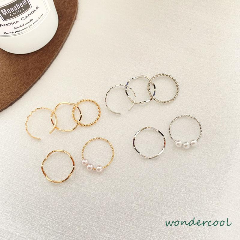 5 pcs Cincin Set Fashion Aksen Berlian Imitasi Mutiara Untuk Wanita-Won