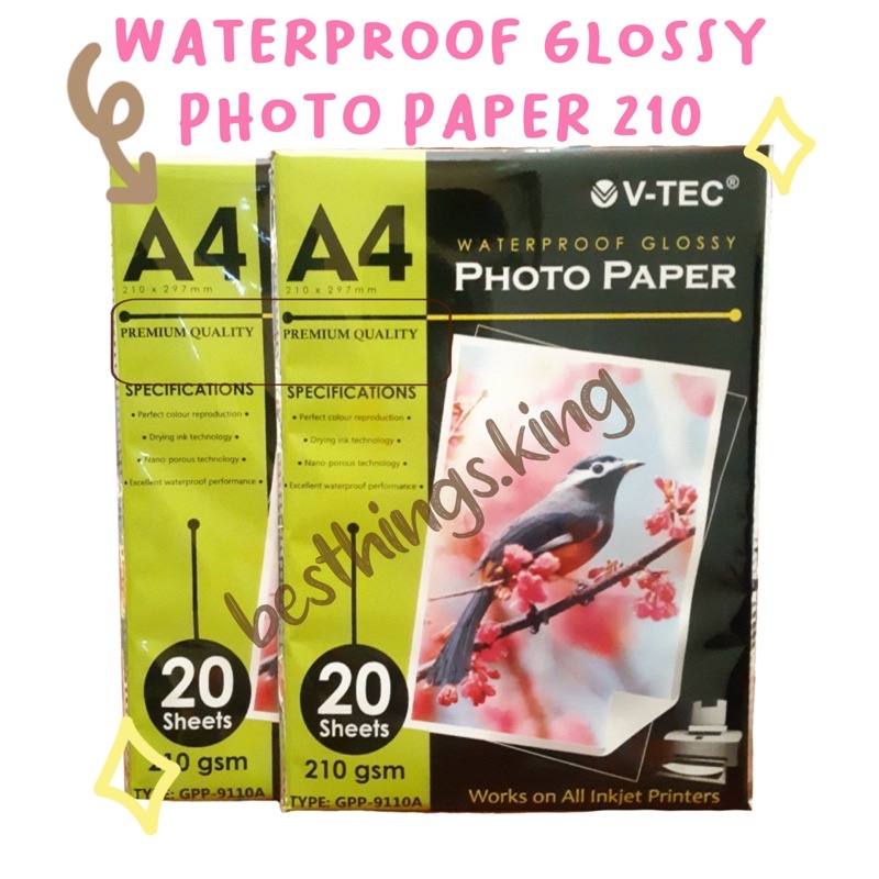 

Kertas Foto A4 Glossy V-Tec Waterproof Photo Paper VTec 210 gsm tahan air