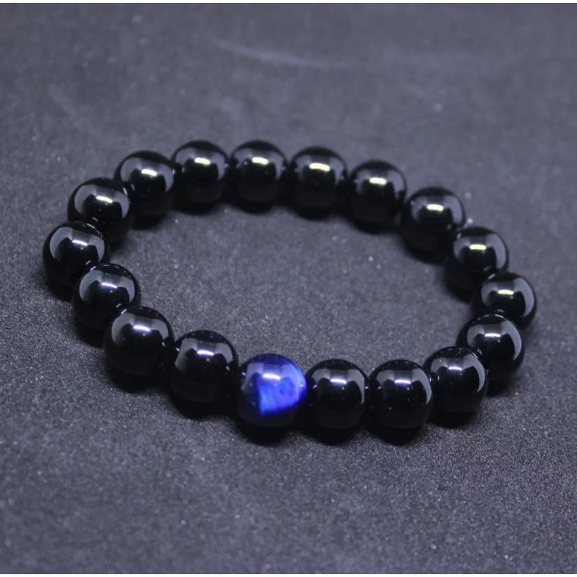 [Bayar di Tempat] Gelang Pria Batu Giok Hitam Kombinasi Batu Tiger Eye Biru Super Keren