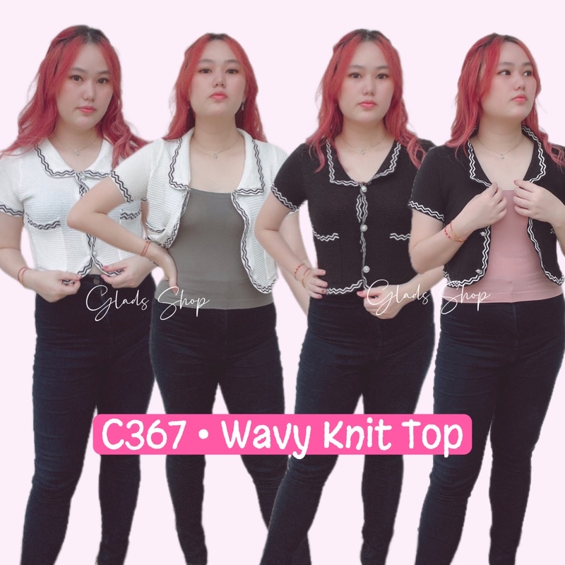 Wavy Knit Top Pocket Import | C367 | Atasan Crop Kerah Cardigan Rajut Impor Blouse Outer Korean style