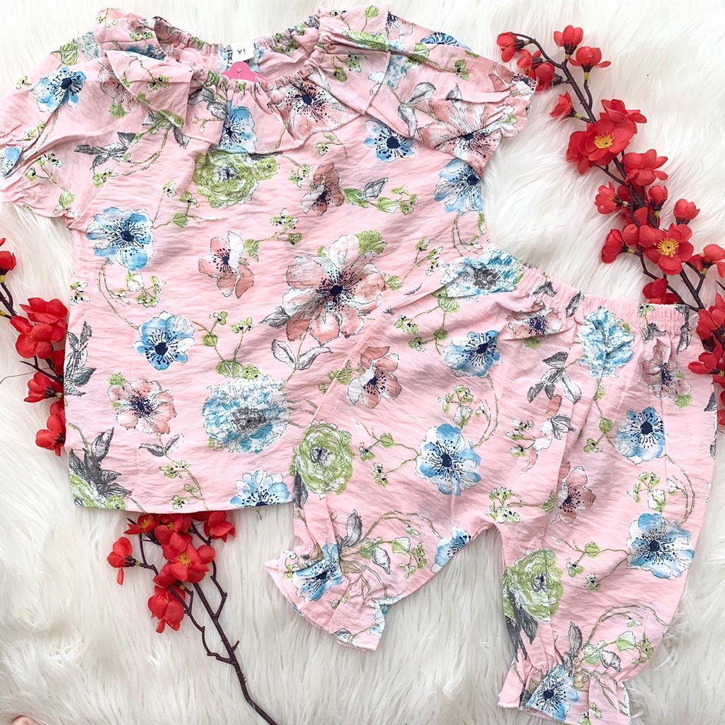 Setelan import baju celana fashion anak bayi cewek perempuan lucu murah -IMP FLOWER RUFFLE