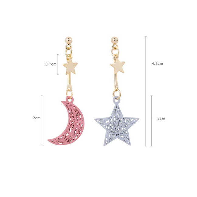 LRC Anting Tusuk Fashion Color Openwork Woven Texture Stars Moon Earrings D99683