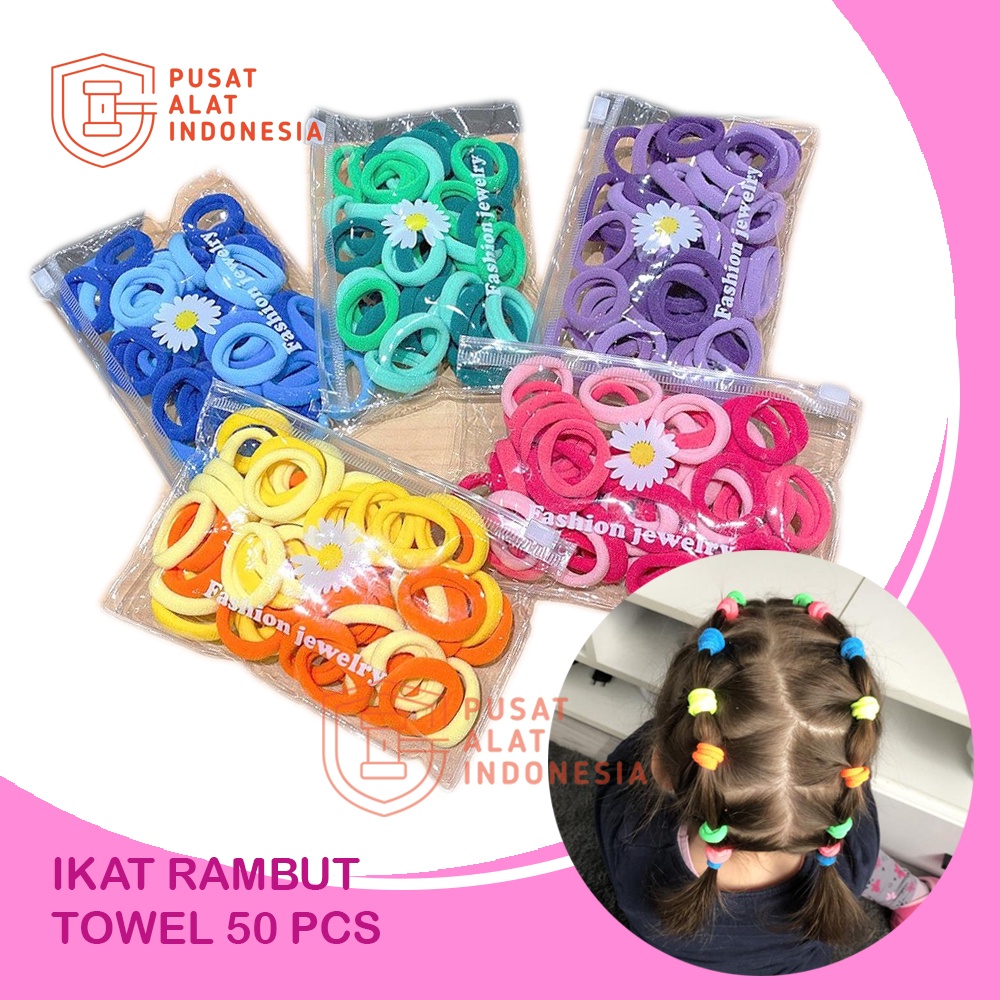 IKAT RAMBUT DONAT KARET KUNCIRAN GAYA KOREA ANAK HAIR STYLISH SIMPLE WARNA WARNI ELASTIS ELEGAN FREE POUCH  LUCU ISI 50 PCS SR37