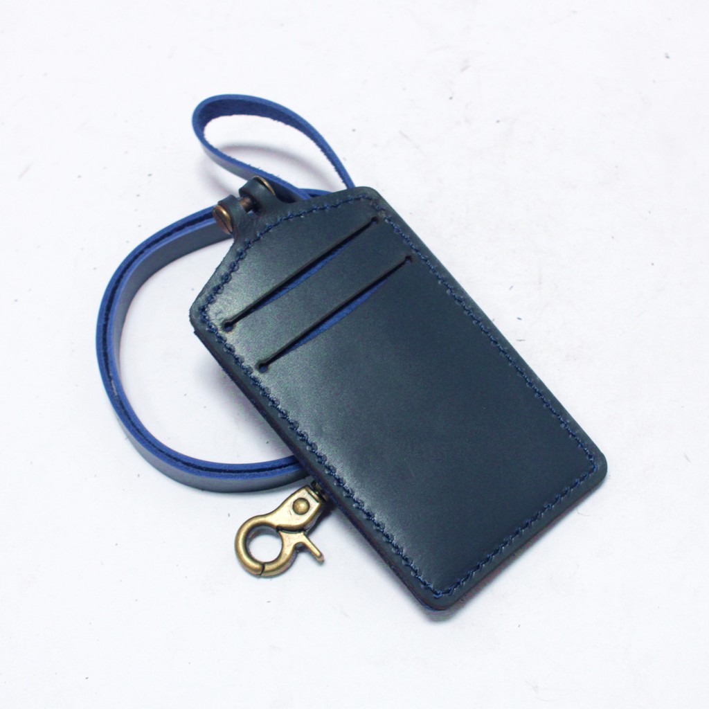 gantungan dompet ID card kulit biru - tali id card holder - PHID829