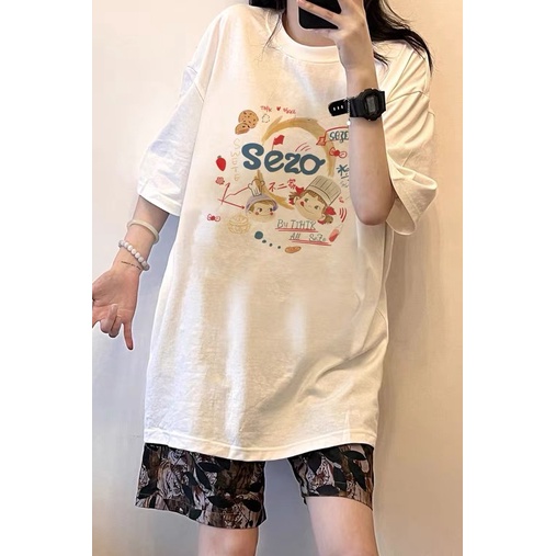 EUNII T-shirt Lengan Pendek Imut Kartun Pencetakan Longgar Korean Style/Kaos Atasan Wanita/Baju Kaus Oversize Wanita