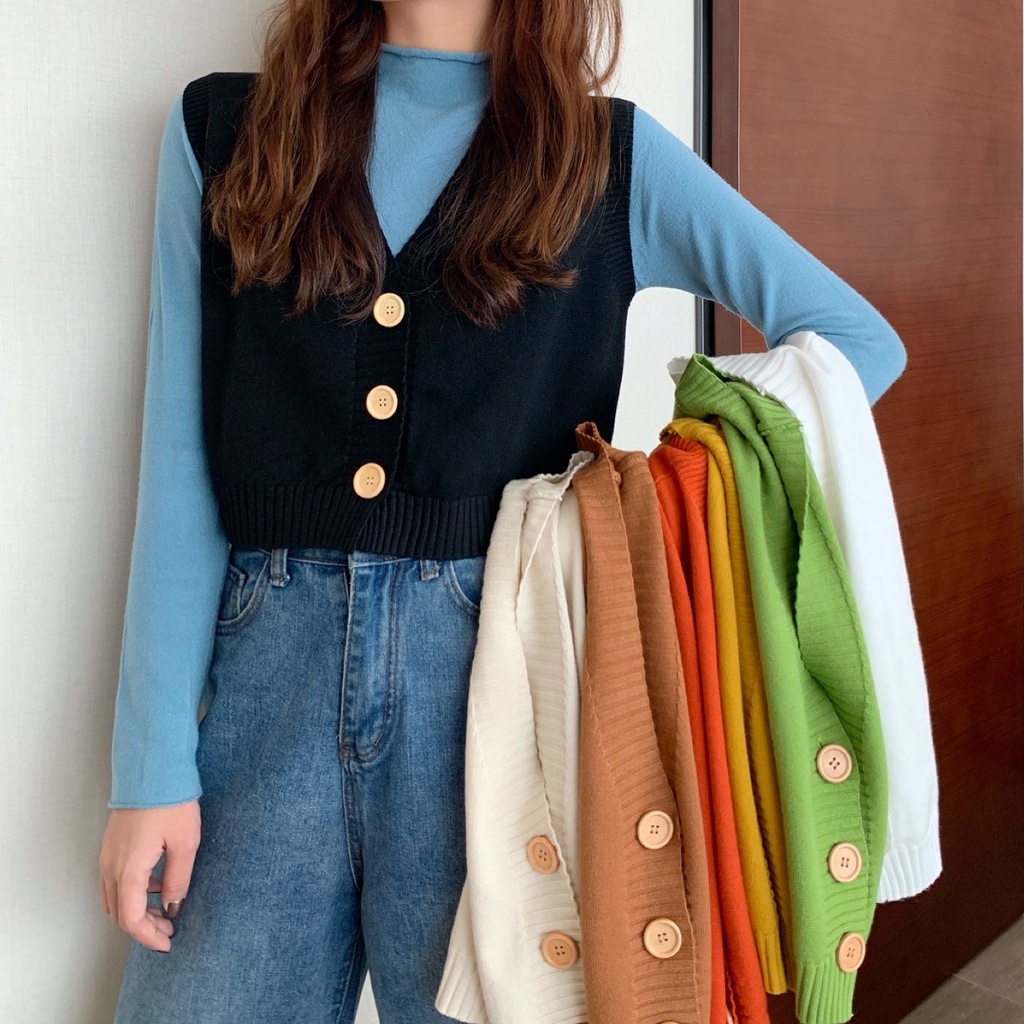 [Diskon Terbesar]Korea Tanpa lengan longgar v-neck Rompi kisi sweater rajutan rompi outer Rompi rajut