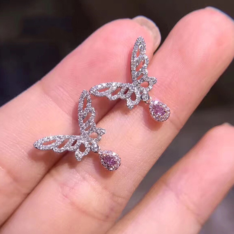 Anting Tusuk Berlian Model Kupu-Kupu Warna Pink Untuk Wanita