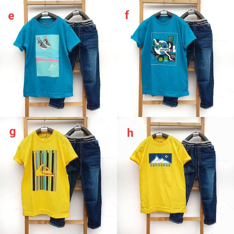 Baju Setelan Distro Anak Laki-Laki MixMatch Kaos Kombed 30S dan Tabina Jeans usia 7 tahun - 8 tahun