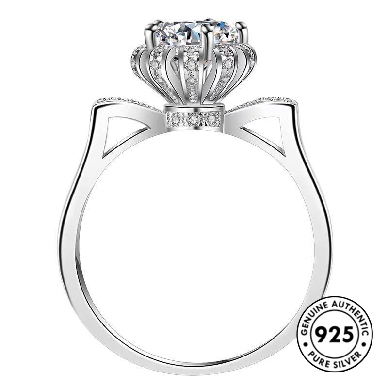 Cincin Sterling Silver 925 Desain Telinga Kucing + Bunga Hias Berlian Imitasi Untuk Wanita