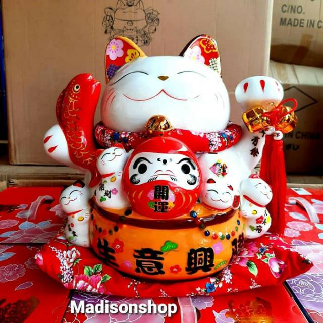 Celengan Kucing Maneki Neko XL Daruma Japan Kado Patung Keramik Hoki