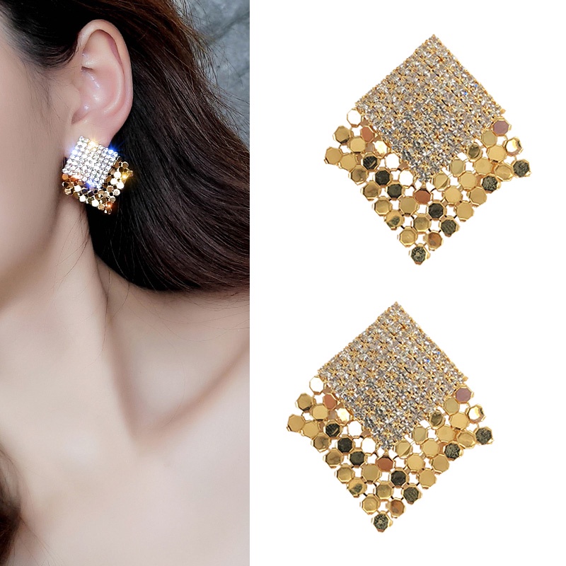 Anting 925 Silver Needle Bentuk Persegi Aksen Berlian Gaya Korea Untuk Wanita