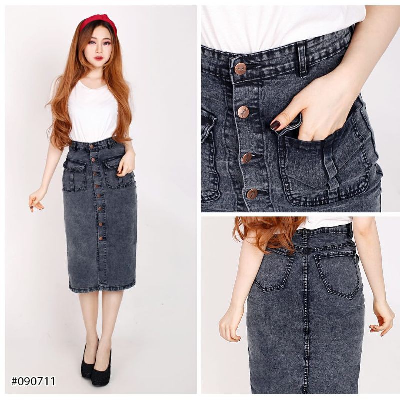 Rok Jeans Wanita Kancing Depan Modis