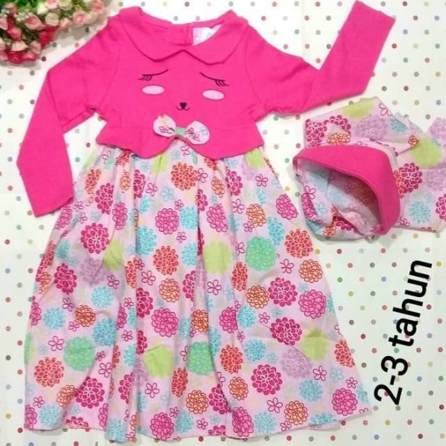 Gamis Anak Mi Angel Kitty Set Jilbab / Dress Bayi / Baju Muslim Anak Perempuan