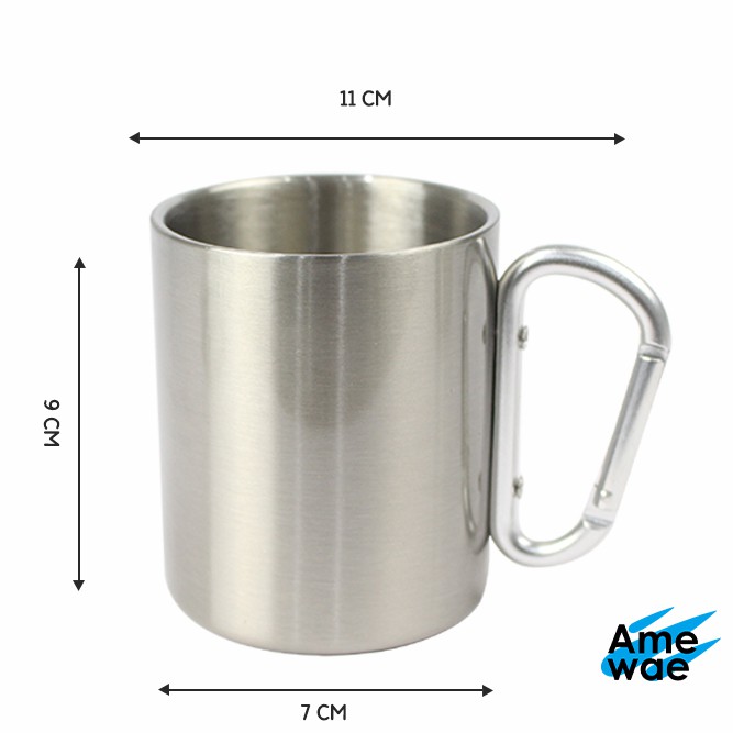 Mug Stainless Steel dengan Gagang Carabiner untuk Camping / Outdoor 200ml/300ml - CUSTOM GAMBAR