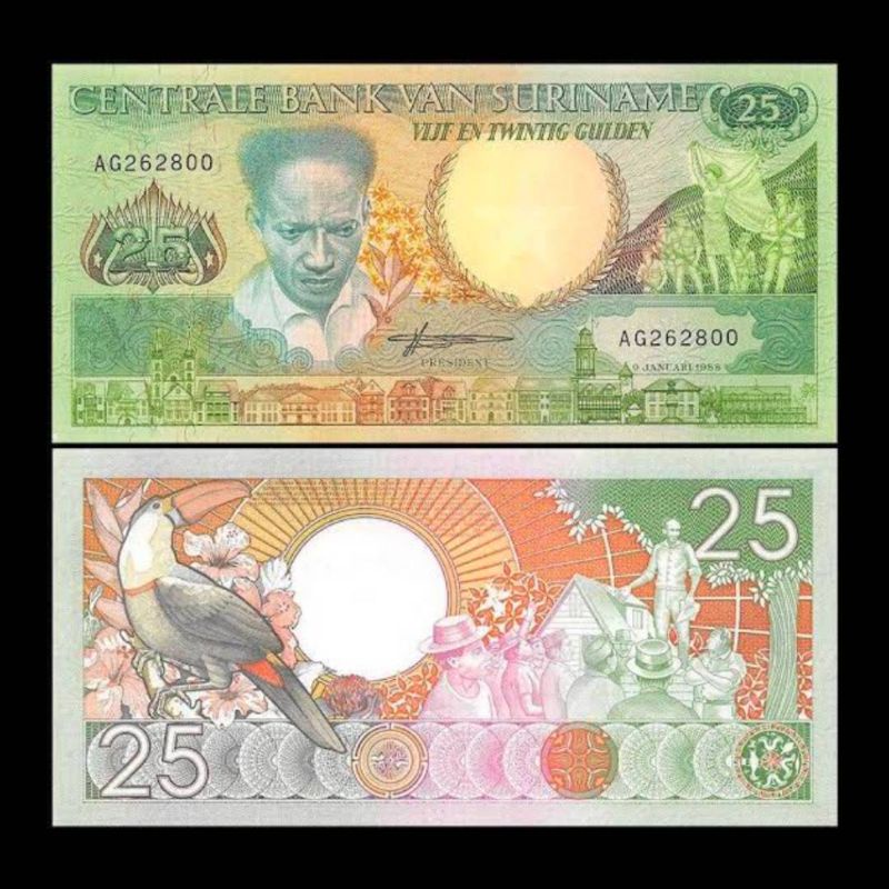 UANG ASING SURINAME 25 GULDEN 1988 UNC ORIGINAL BANKNOTE 1 LEMBAR