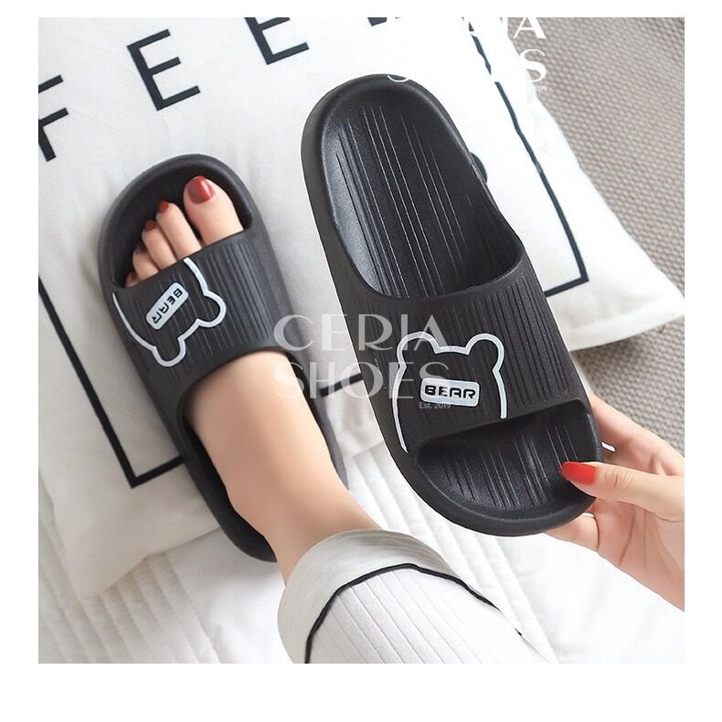 PVC Sandal Slop Kokop Wanita Import Motif Bear Korean Slippers Bahan Empuk Lentur Elastic Karet Non-Slip 2304