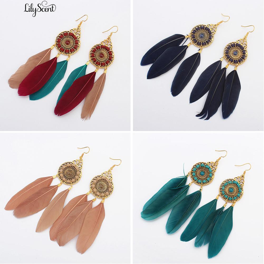 [Bayar Di Tempat]fashionBohemia Panjang Feather ed Round Hook Earrings Menjuntai Charm