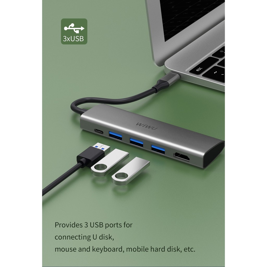 WIWU ALPHA A531H - 5-in-1 USB-C Hub - HDMI - USB3.0 - PD Charging Port - USB-C Extension Port