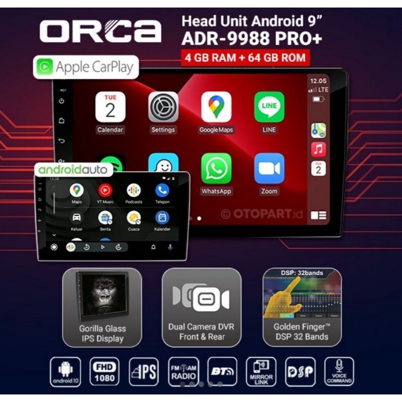 Head Unit Android ORCA PRO+ CRV 2008 - 2011 ANDROID ORCA ADR 9988 PRO+ CARPLAY Ram 4 Gb Rom 64 Gb