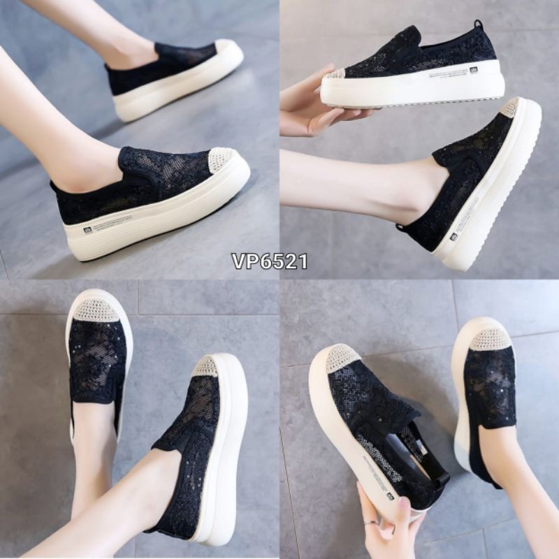 Sepatu Sneakers Slop Santai Brokat Sole Tebal Import VP6521