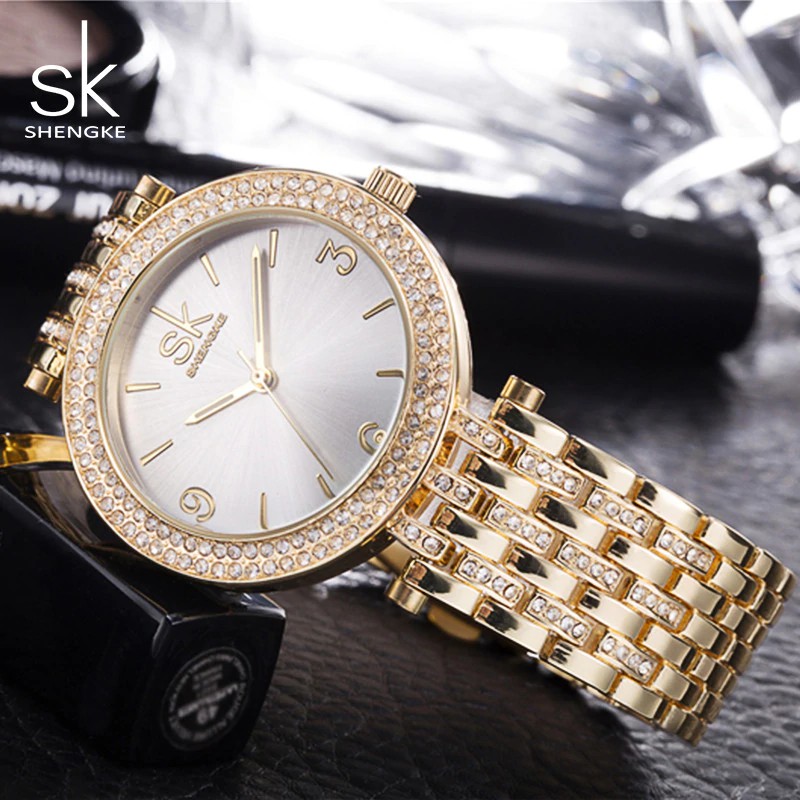 HOT PROMO Shengke Mawar Emas Wanita Gelang Jam Tangan untuk Wanita Emas Jam Tangan Stainless