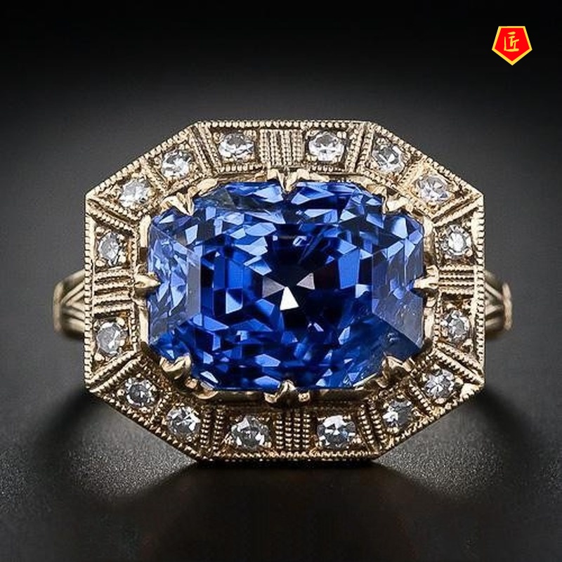 [Ready Stock]Fashion Retro Blue Topaz Square Diamond Ring