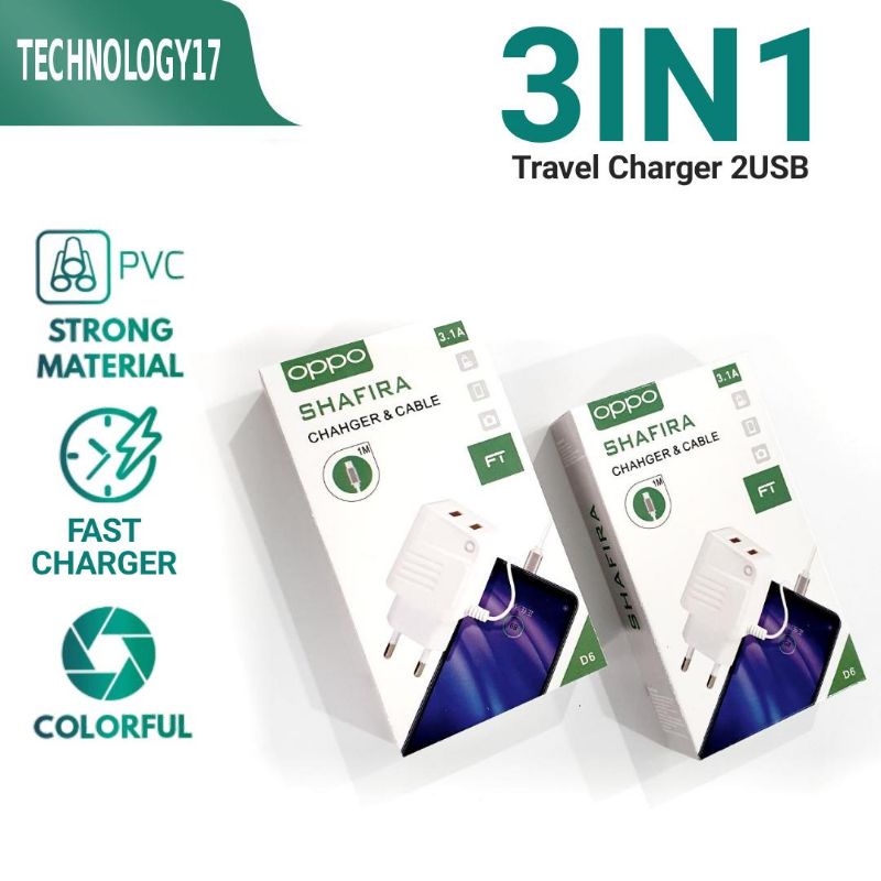 [FT D6] Charger Oppo 3.1A Micro Usb 3in1 Led Fast Charger