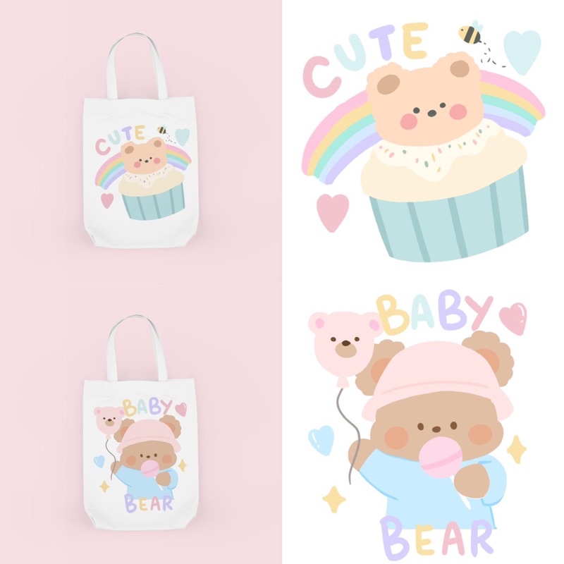 Tote Bag Cute Karakter dan Bergambar Tulisan Bear//Cute Baby Bear