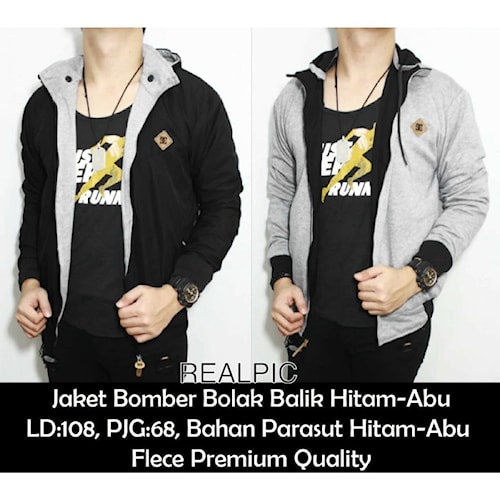 Jaket Pria Bomber Hoodie Bolak Balik - Black