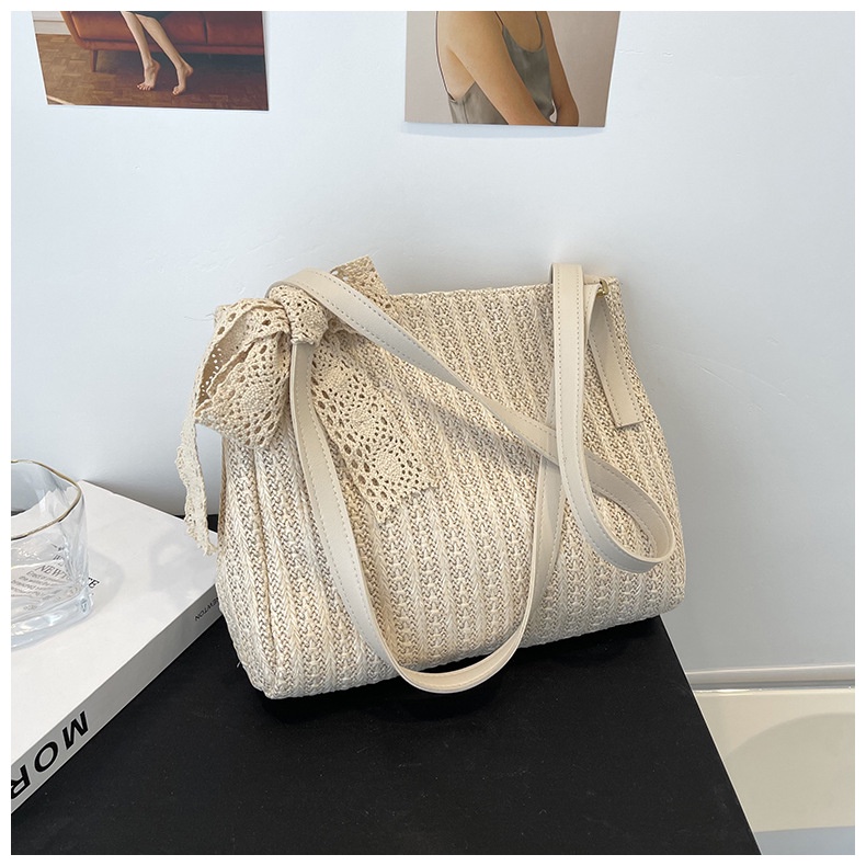 Drozenb Tas Tote Wanita Bahan Anyam Jerami Model Korea Pita Coklat/Totebag Fashion Korea Bahan Anyaman/Tas Anyaman Korea Pita/Tas Casual Korea Anyaman