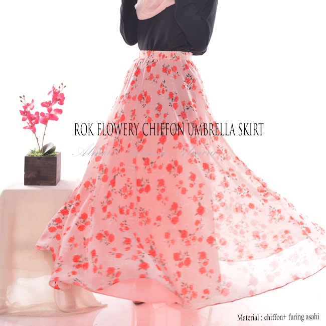 Rok Panjang Wanita Payung Muslimah  Sifon Flowery Chiffon Umbrella Skirt Bunga Griyaraditya Almira