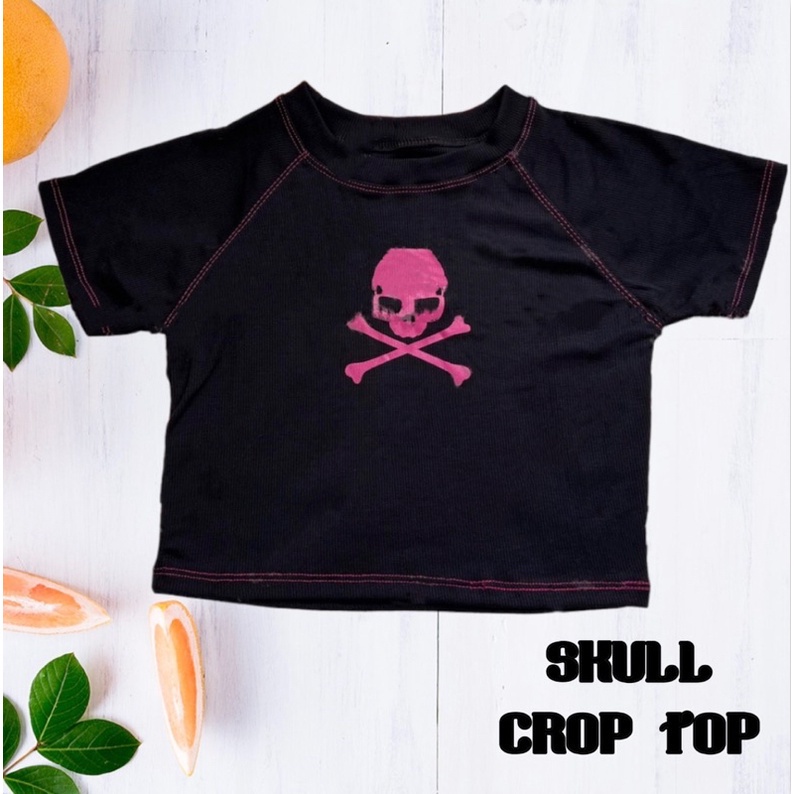 Tq88indonesia Fashion Baju Kaos Wanita Crop Top Skull / Busana Casual Cewek / Oblong Cewek Lengan Pendek / OOTD Kekinian