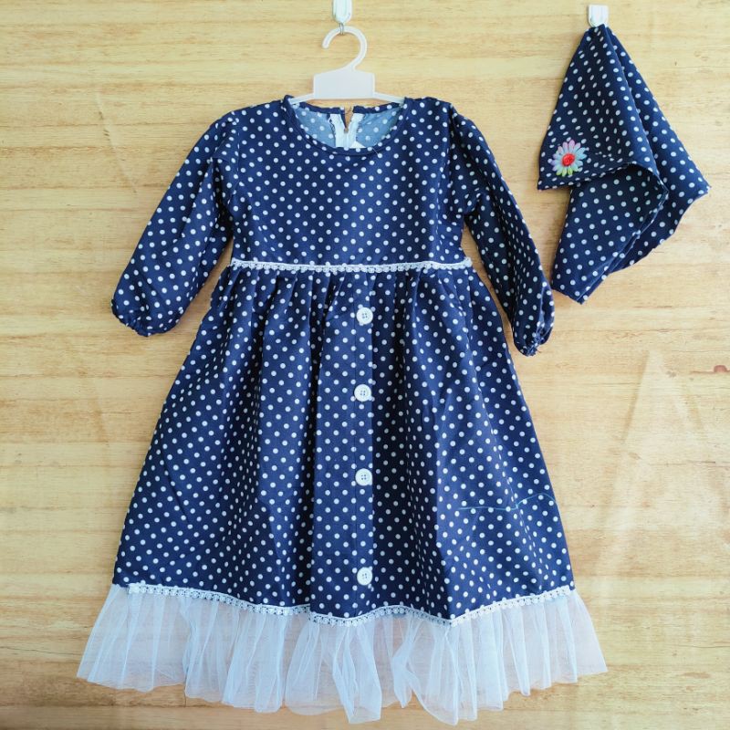 Gamis anak 3 4 tahun polka tutu bonus jilbab rempel lucu polkadot tutul ( gamis polka tutu imut )