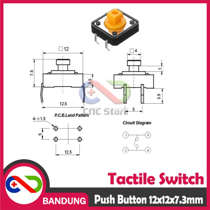 TACTILE SWITCH PUSH BUTTON TC-1212T 12x12x7.3 MM FOR ARDUINO