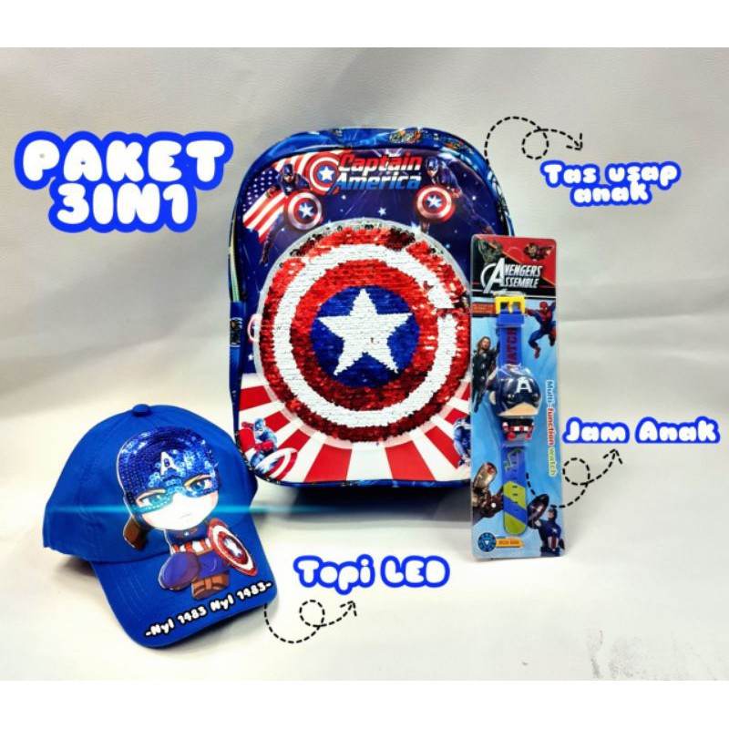 Tas ransel anak usap 2 gambar karakter superhero gratis topi jam tangan - Tas anak