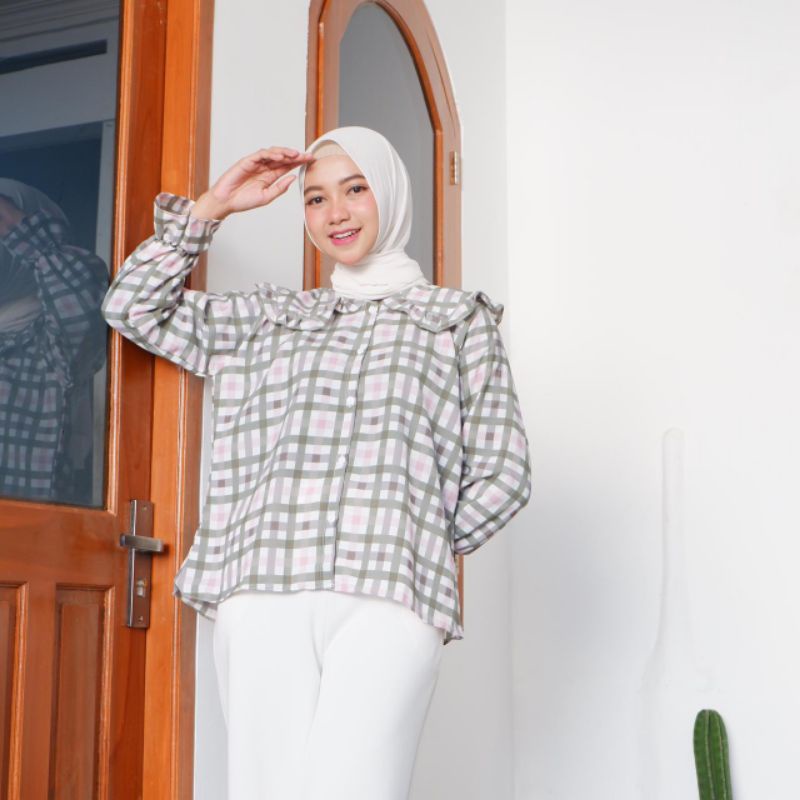 grosir_solo ||BLOUSE BALON_MIZU TARTAN CROP TARTAN SHIRT | BLOUSE KOTAK OVERSIZE | KEMEJA CROP TOP-MIZU NEW SAGE GREEN