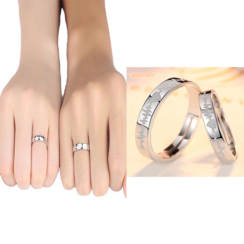 2pcs Cincin Model Terbuka Desain Detak Jantung Electrocardiogram Gaya Korea Untuk Pria Dan Wanita