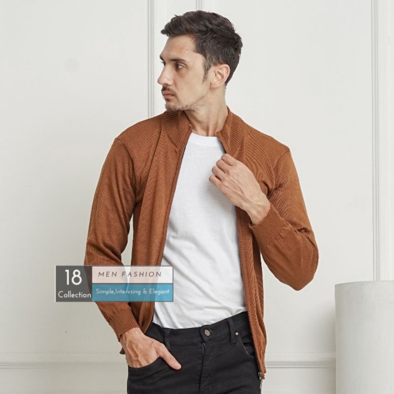 [Bisa COD] Sweater Rajut Zipper Kerah Tinggi Cardigan Pria