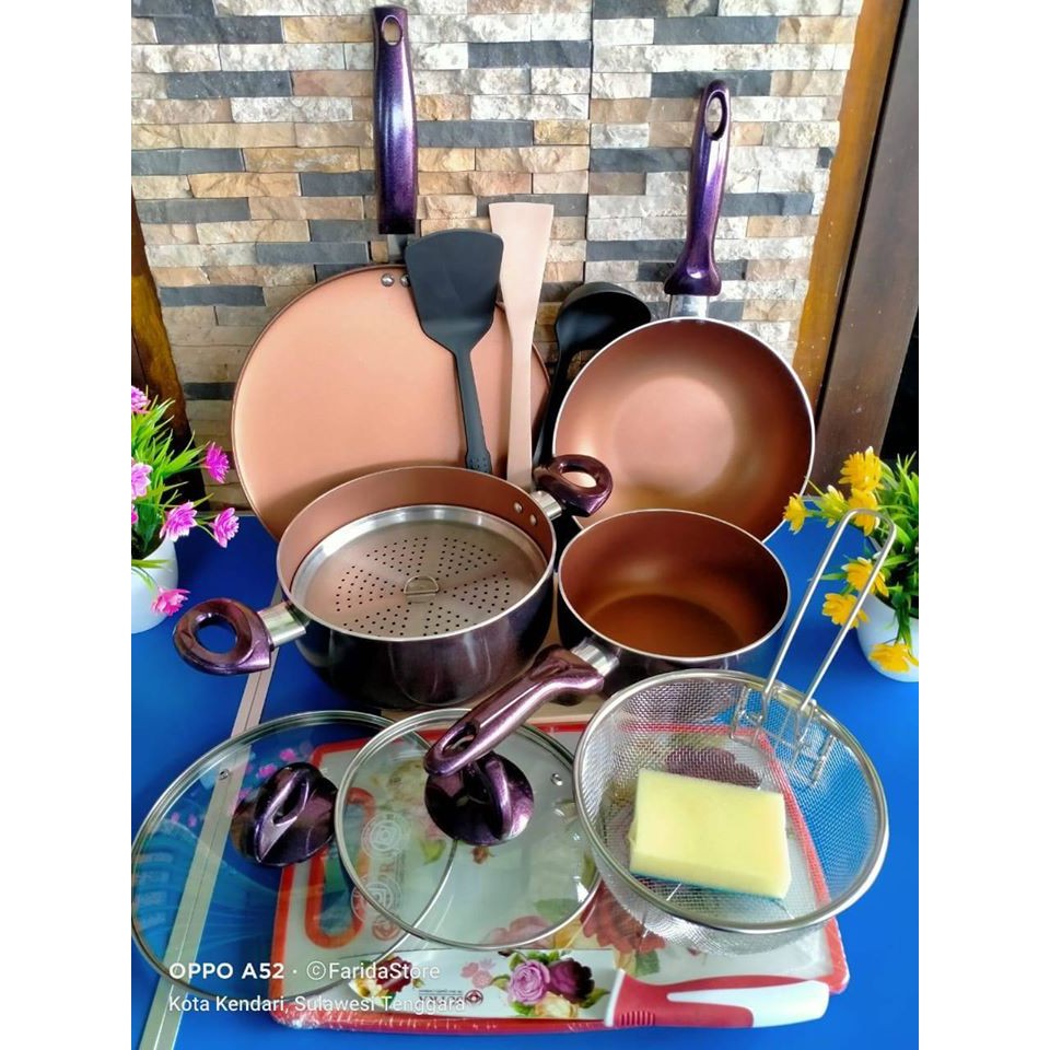 [BISA COD] panci set lumina 14 warna ungu teflon warna gold