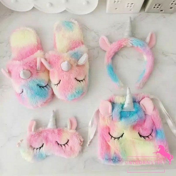 Sandal Tidur Slippers Flip Flop Selop Unicorn Bulu Kamar Anak Halus Perempuan Cewek Rainbow Kado Ulang Tahun Birthday Penutup Mata Plush Bandana