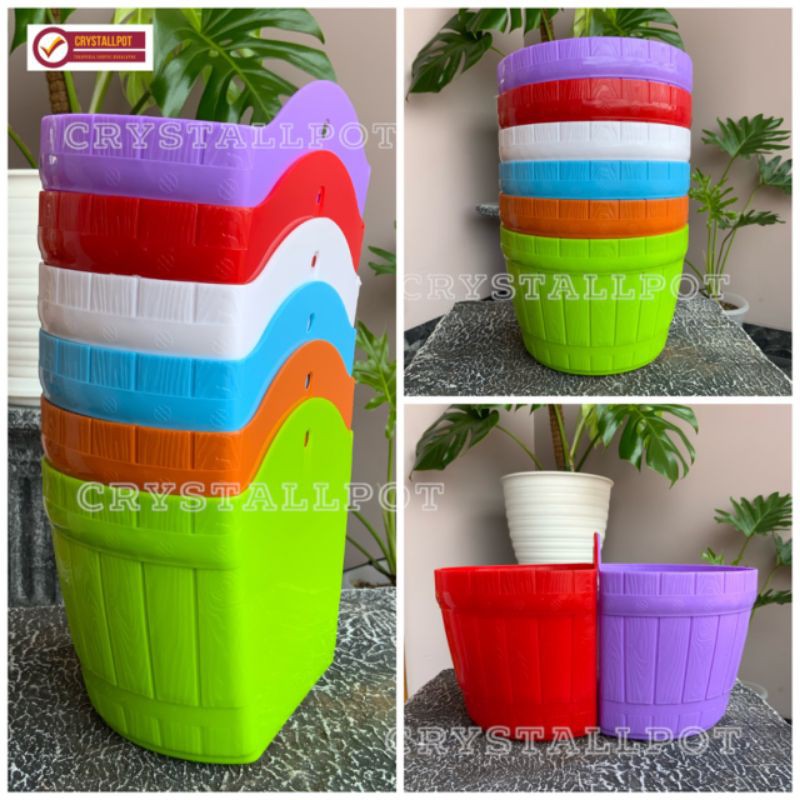 pot bunga tanaman DiNDiNG motif gentong kayu warna warni 18cm